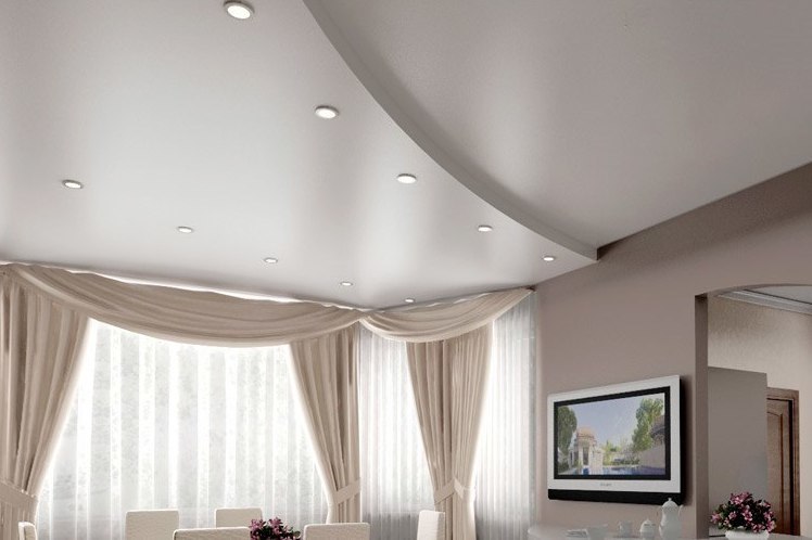 сатиновый натяжной потолок - замечательное решение для гостиной сатиновый натяжной потолок